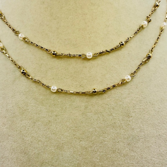 LOFT Gold and Pearl Bead Station Layered Necklace. 14 inches w/a 3 inch extender - Picture 2 of 5